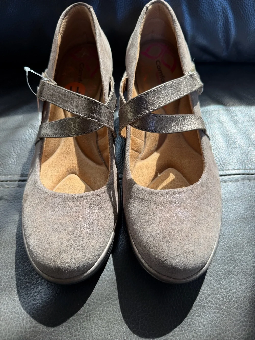 Comfortiva Alic Metallic Cross strap Wedge Mary Jane  in Taupe